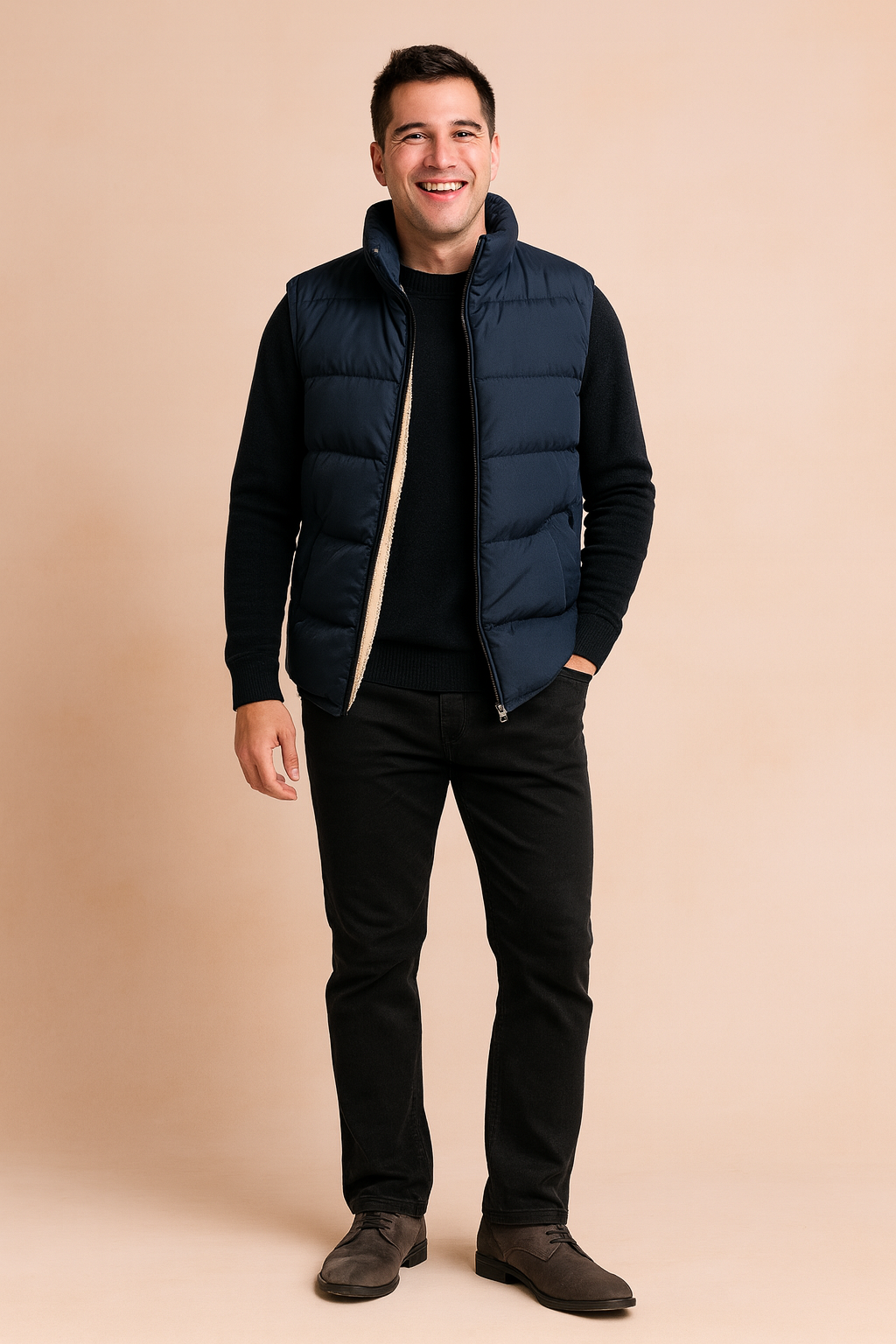 Men’s navy blue puffer vest with warm fleece lining, lightweight design and zip closure, ideal for layering in autumn and winter.