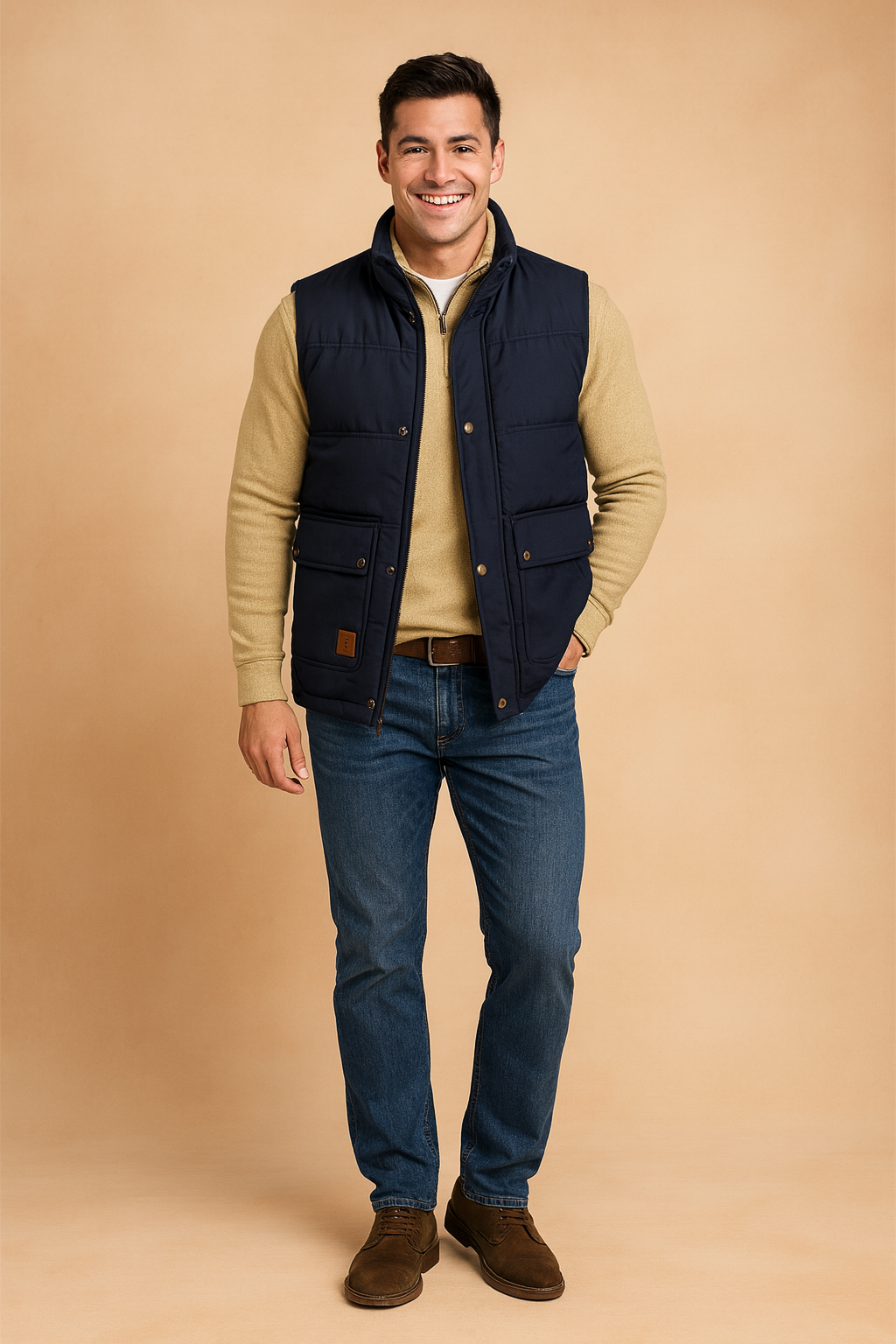 Men’s navy blue sleeveless winter vest with warm sherpa lining, snap button closure, and dual front pockets for a stylish and functional cold-weather look.