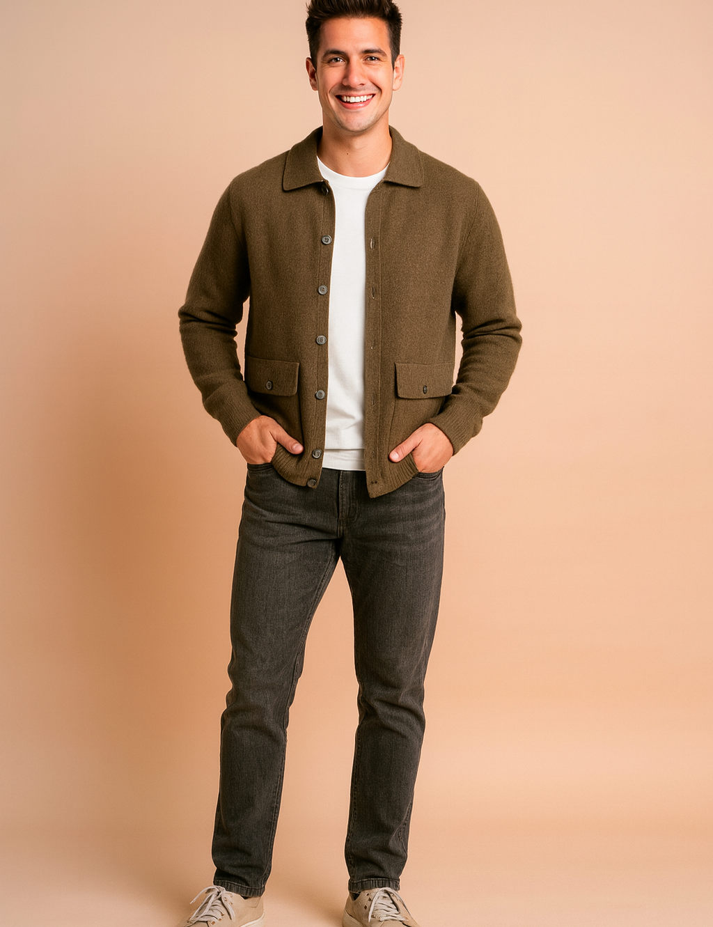 Men’s classic button-up cardigan in olive green with front pockets and ribbed cuffs, paired with a simple white undershirt for a timeless layered look.