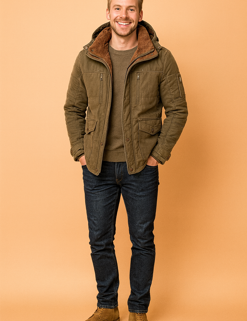 Men’s olive green winter jacket with detachable hood, faux fur lining, multiple front pockets, button and zipper closure, and durable stitched detailing for a rugged outdoor look.