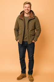 Men’s olive green winter jacket with detachable hood, faux fur lining, multiple front pockets, button and zipper closure, and durable stitched detailing for a rugged outdoor look.