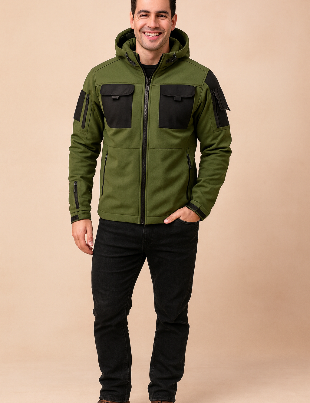 Men's tactical softshell jacket in olive green with black chest pockets, zip closures, and adjustable hood, styled with a modern slim fit for outdoor performance.