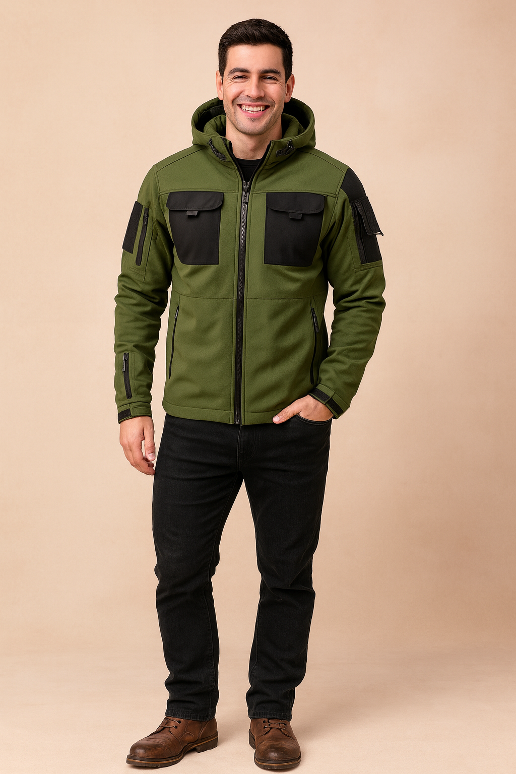 Men's tactical softshell jacket in olive green with black chest pockets, zip closures, and adjustable hood, styled with a modern slim fit for outdoor performance.