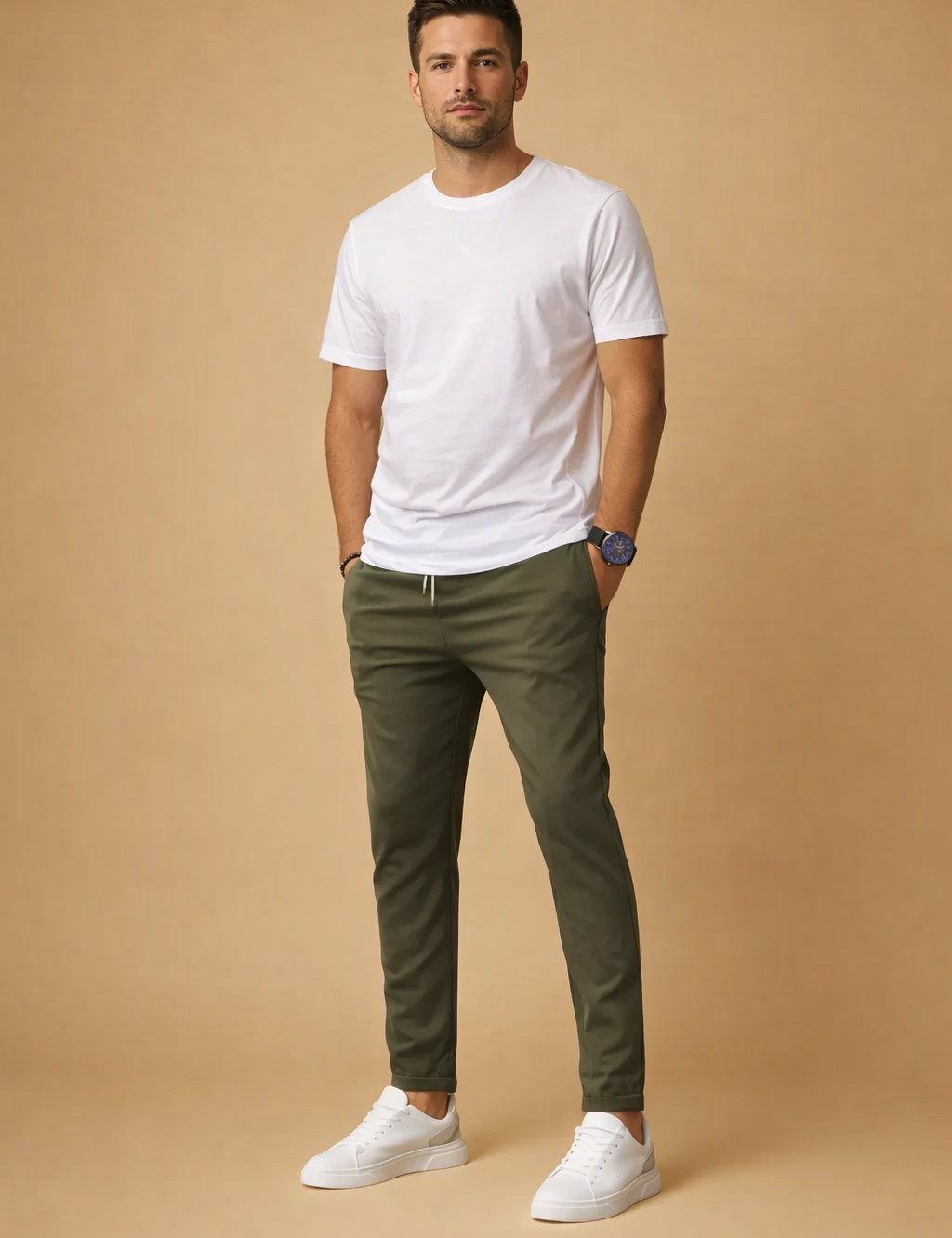 Men’s slim-fit olive jogger trousers with tapered legs and elastic waistband, styled with a plain white short-sleeve T-shirt and clean white low-top sneakers.