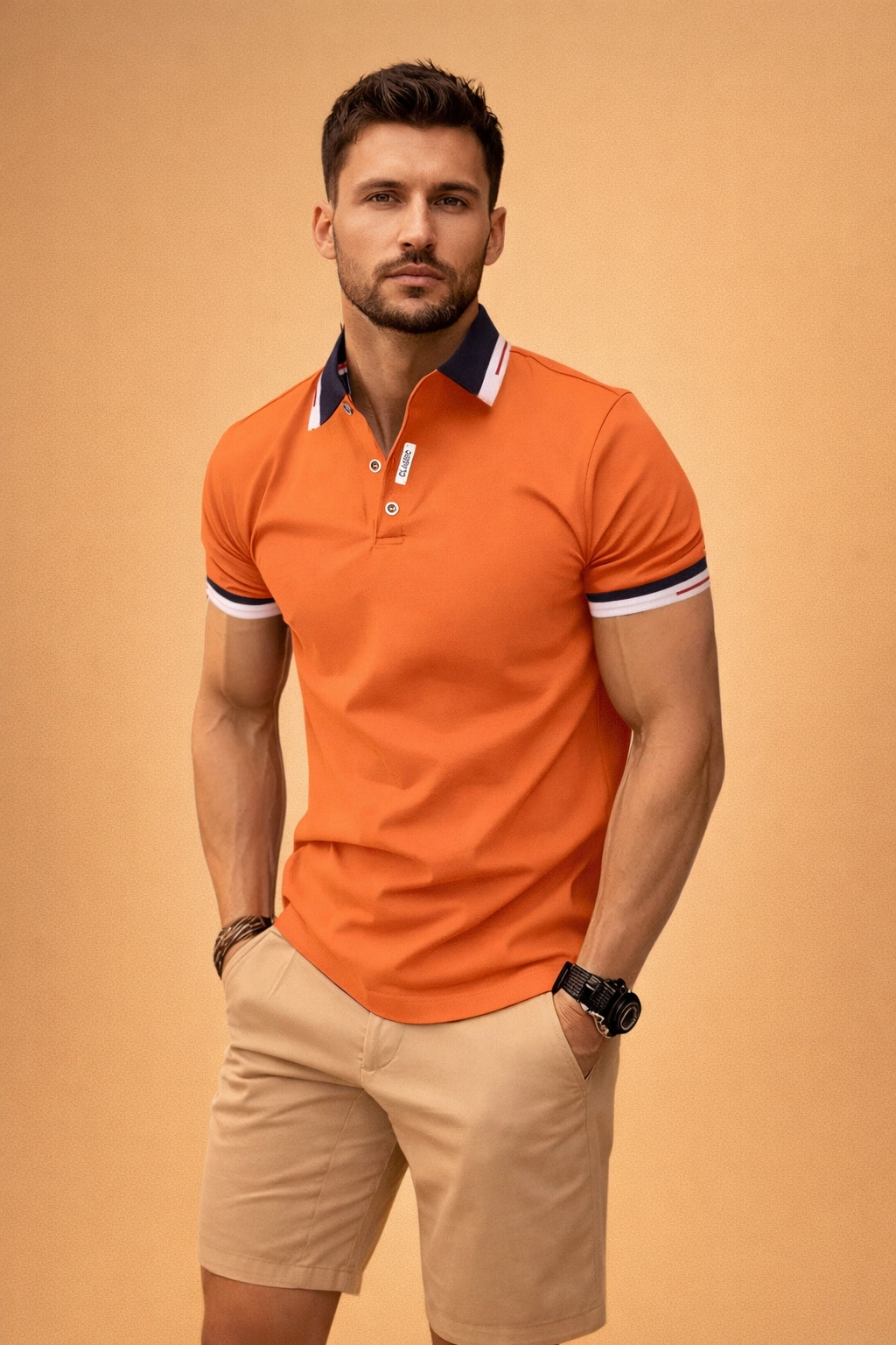 Men’s fitted orange short-sleeve polo shirt with contrast navy-and-white collar and sleeve cuffs, three-button placket, smooth structured fabric, paired with beige tailored chino shorts with flat front and clean hem