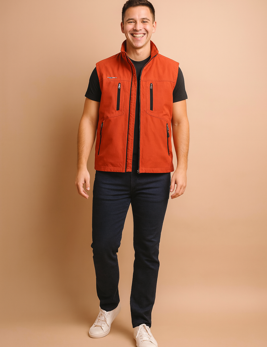 Stylish men's outdoor vest with multiple zipper pockets, designed for casual wear and functional layering.