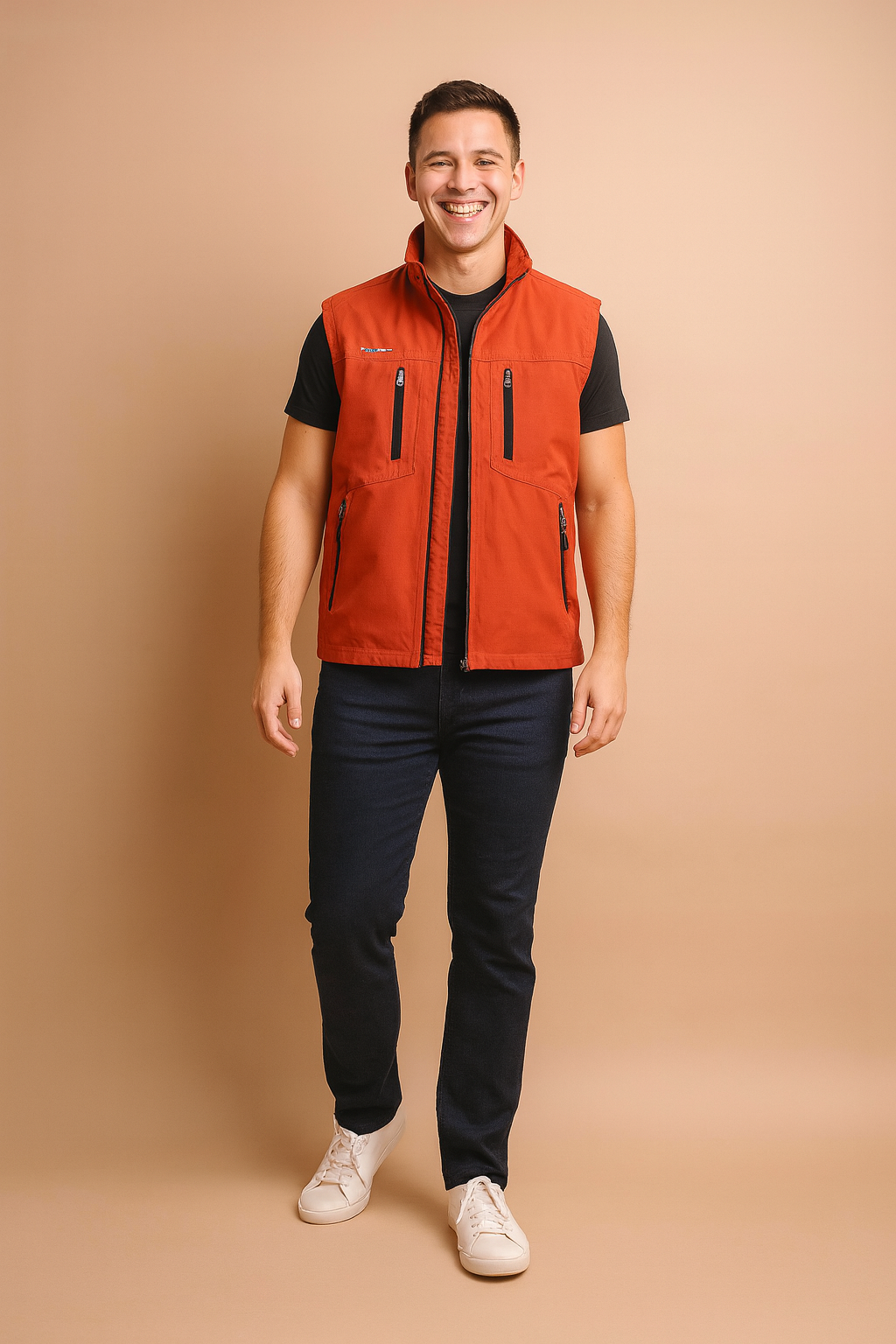 Stylish men's outdoor vest with multiple zipper pockets, designed for casual wear and functional layering.