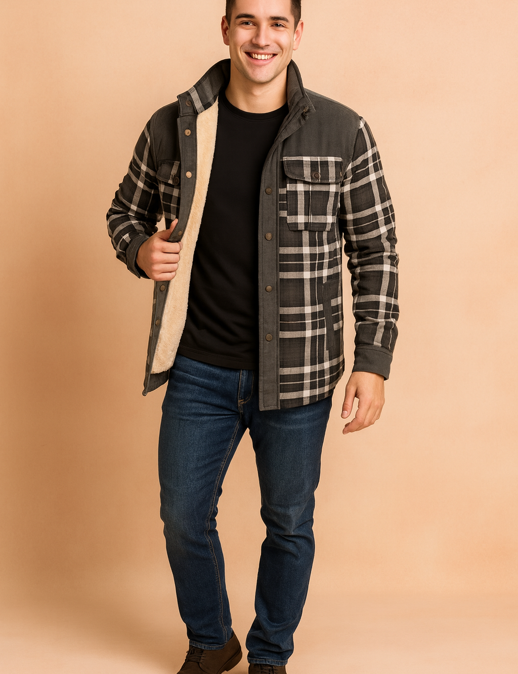 Men's warm plaid flannel jacket with black and white check pattern, button closure, chest pockets, and soft beige fleece lining for comfort and winter style.
