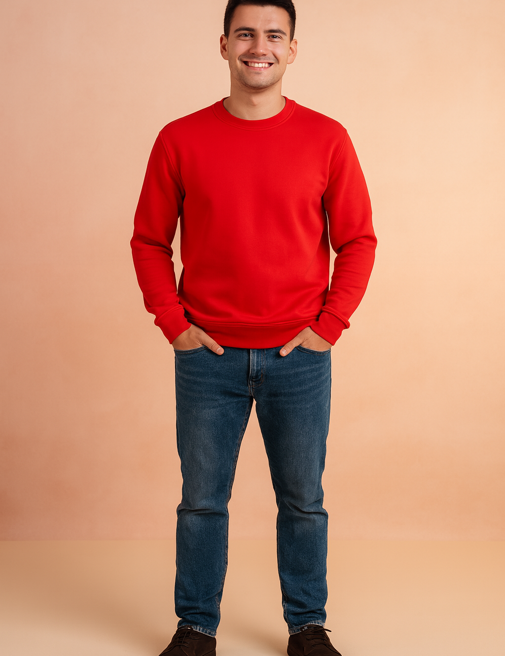 Men’s classic red crewneck sweatshirt with ribbed cuffs and hem, designed for a modern casual style and everyday comfort.