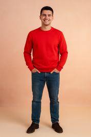 Men’s classic red crewneck sweatshirt with ribbed cuffs and hem, designed for a modern casual style and everyday comfort.
