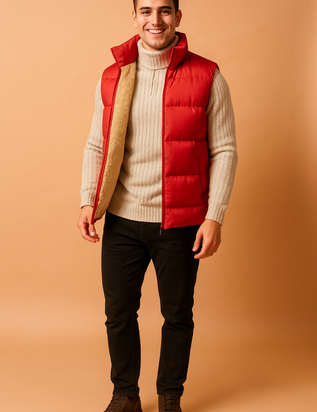 Men’s red padded sleeveless winter vest with beige fur lining, zip closure, and side pockets, styled for casual cold-weather outfits.