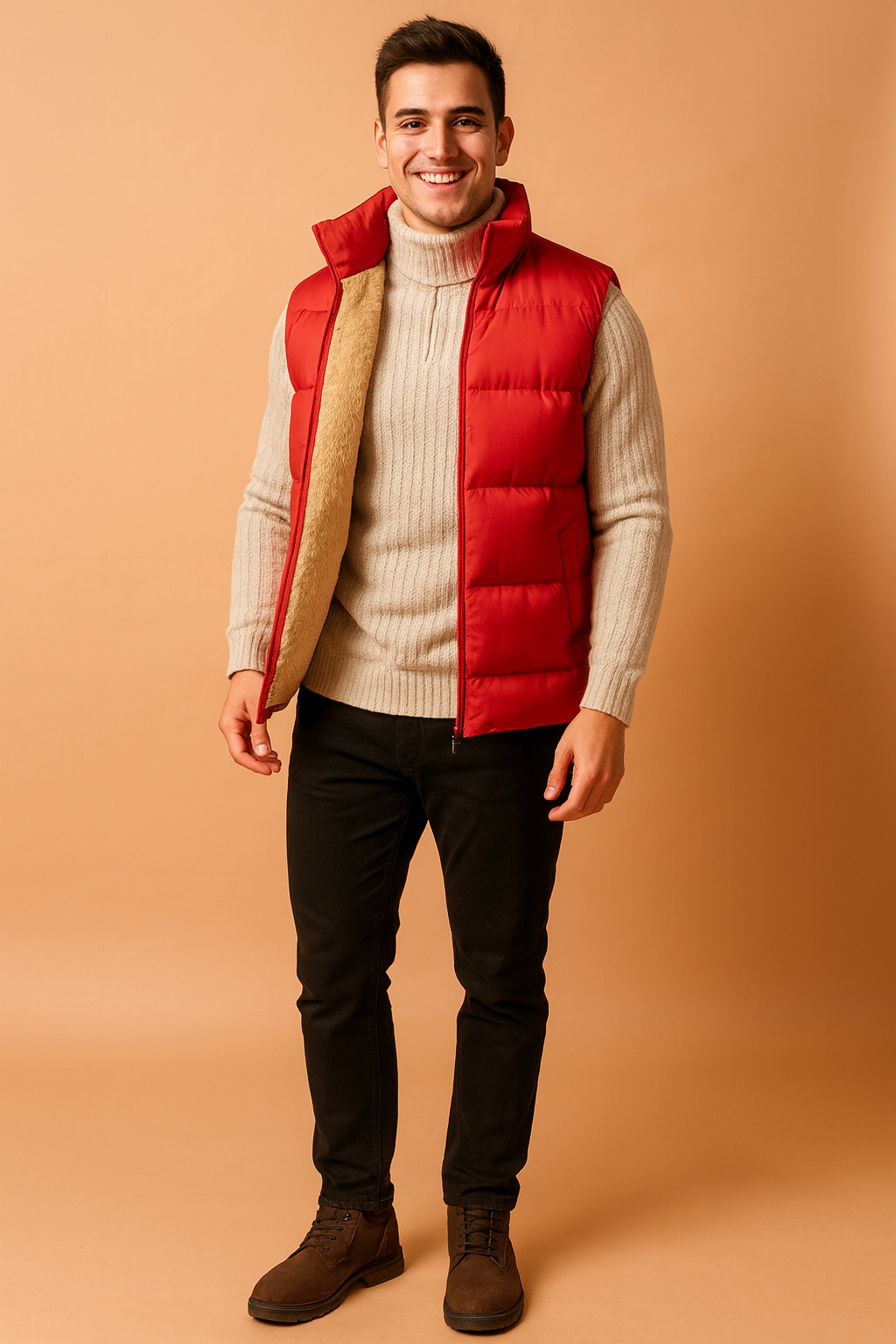 Men’s red padded sleeveless winter vest with beige fur lining, zip closure, and side pockets, styled for casual cold-weather outfits.