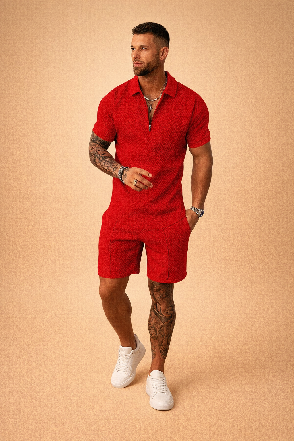 Men’s red textured short sleeve polo shirt with quarter zip and matching tailored shorts featuring a geometric quilted fabric pattern and clean summer co-ord fit