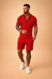 Men’s red textured short sleeve polo shirt with quarter zip and matching tailored shorts featuring a geometric quilted fabric pattern and clean summer co-ord fit
