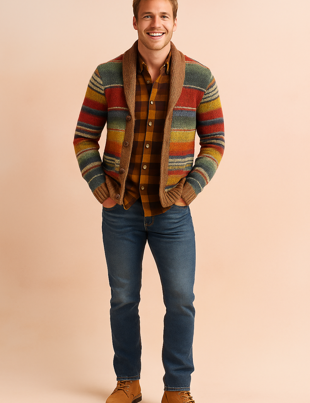 Men’s multicolor striped cardigan with a chunky shawl collar, button front closure, and ribbed cuffs, layered over a brown plaid shirt, styled with slim-fit blue jeans and tan leather boots.