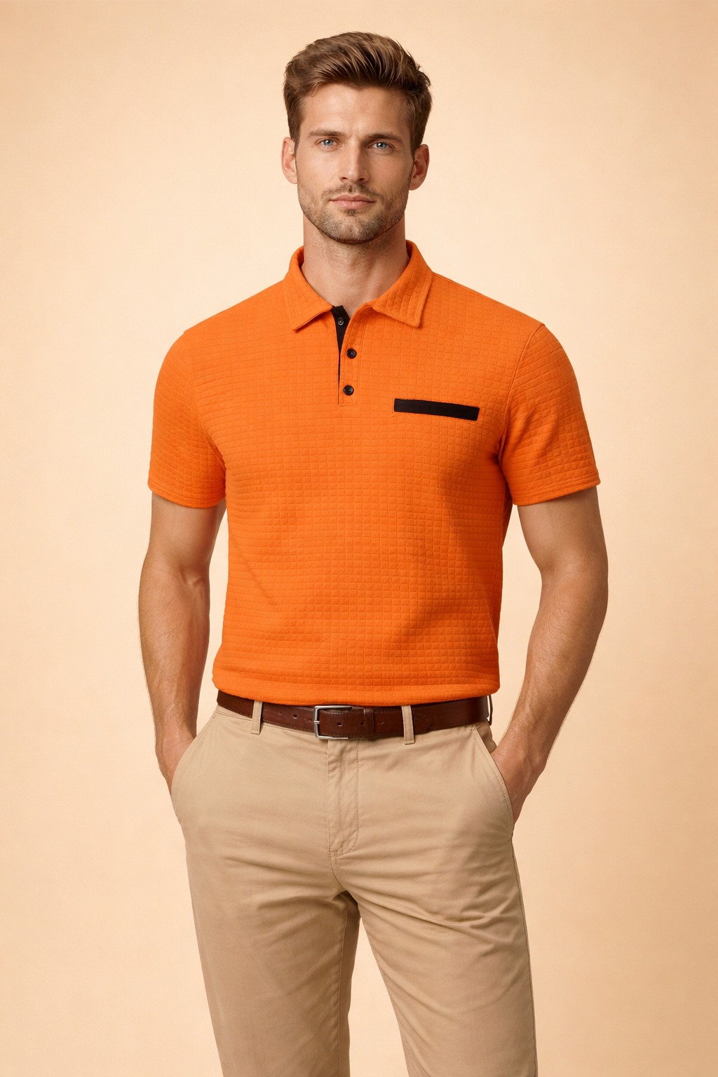 Men’s short-sleeve polo top with a structured textured surface, classic collar, two-button placket, and contrasting chest detail, styled with tailored straight-leg chinos for a clean modern look.