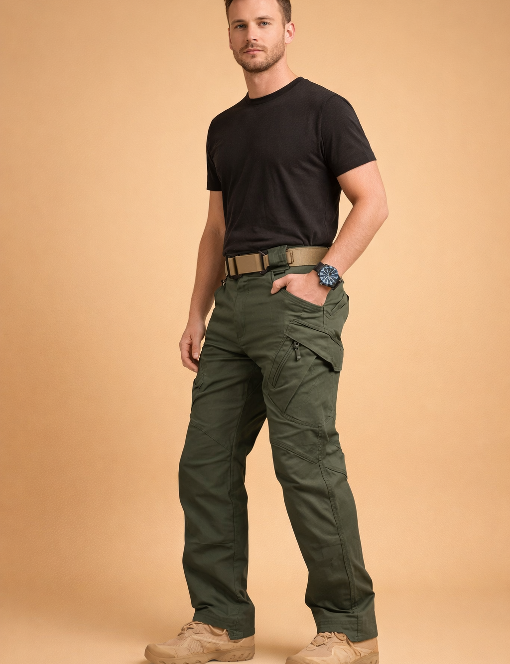 Men’s tactical cargo pants with a straight-leg cut, reinforced knee panels, structured utility pockets with flap and zip details, mid-rise waistband, and clean tailored seams for a durable, modern outdoor-inspired look.