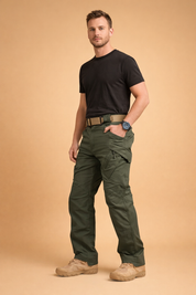 Men’s tactical cargo pants with a straight-leg cut, reinforced knee panels, structured utility pockets with flap and zip details, mid-rise waistband, and clean tailored seams for a durable, modern outdoor-inspired look.