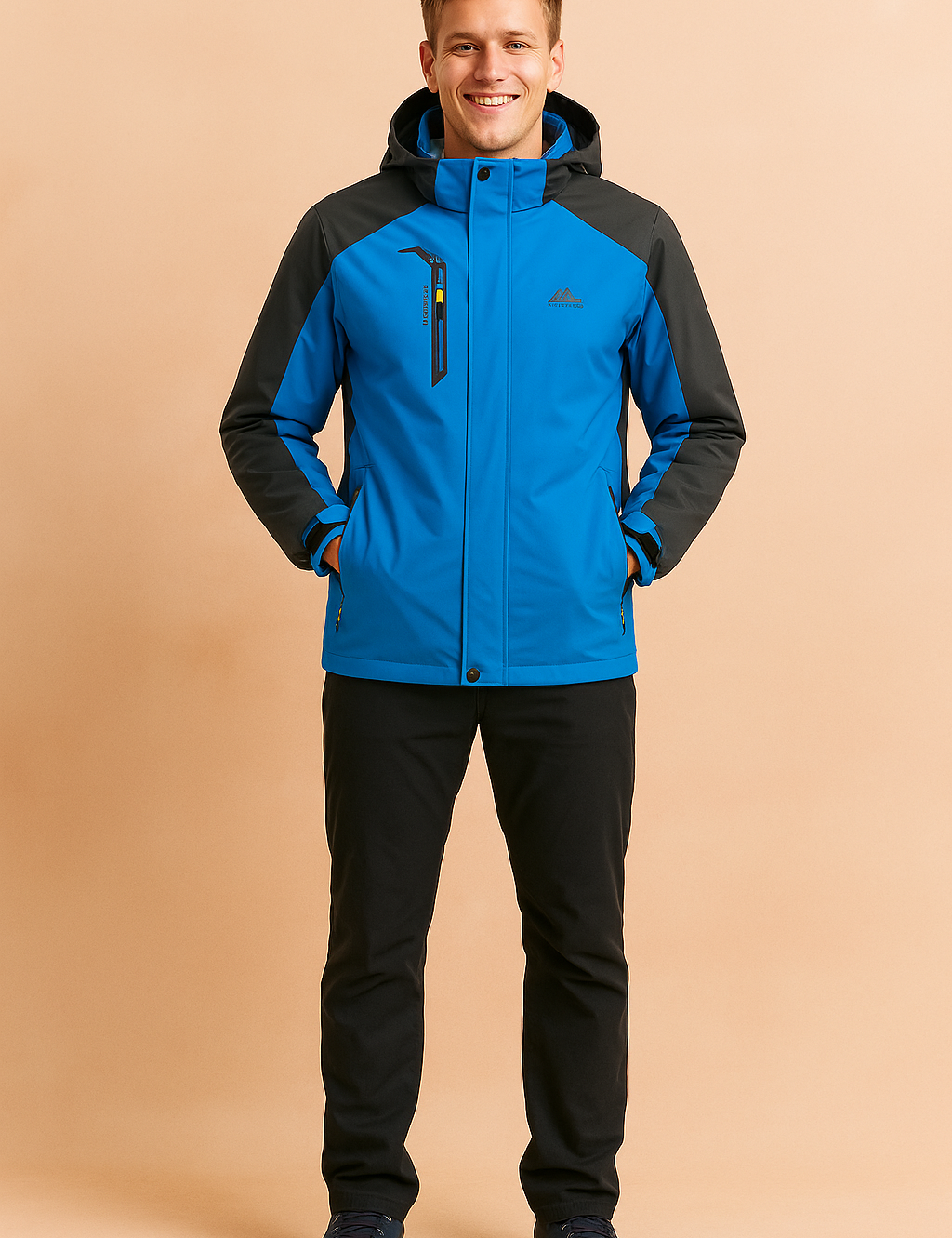 Men’s waterproof outdoor jacket in vibrant blue with black shoulder and sleeve panels, featuring a zippered chest pocket, adjustable cuffs, full front zip with storm flap, and durable fabric for hiking and winter wear.