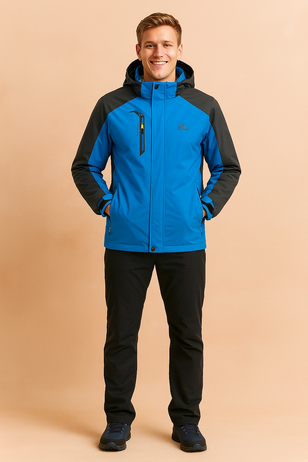 Men’s waterproof outdoor jacket in vibrant blue with black shoulder and sleeve panels, featuring a zippered chest pocket, adjustable cuffs, full front zip with storm flap, and durable fabric for hiking and winter wear.