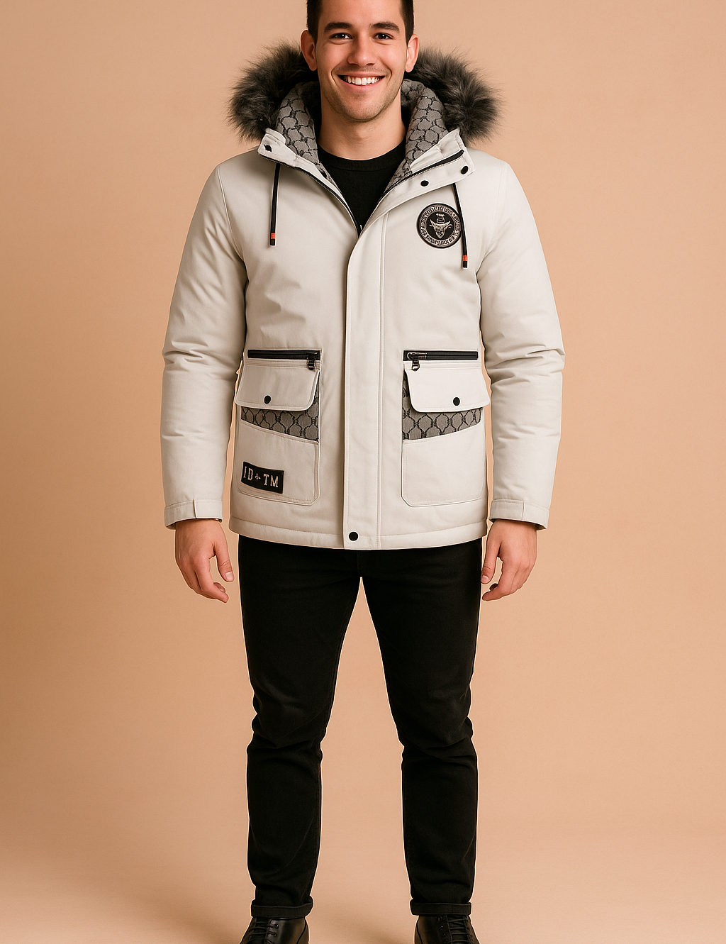 Men’s premium white winter parka with faux fur hood and patterned inner lining, featuring full-length zip, dual flap pockets, and adjustable drawstrings for a modern, insulated look.