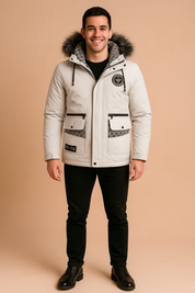 Men’s premium white winter parka with faux fur hood and patterned inner lining, featuring full-length zip, dual flap pockets, and adjustable drawstrings for a modern, insulated look.