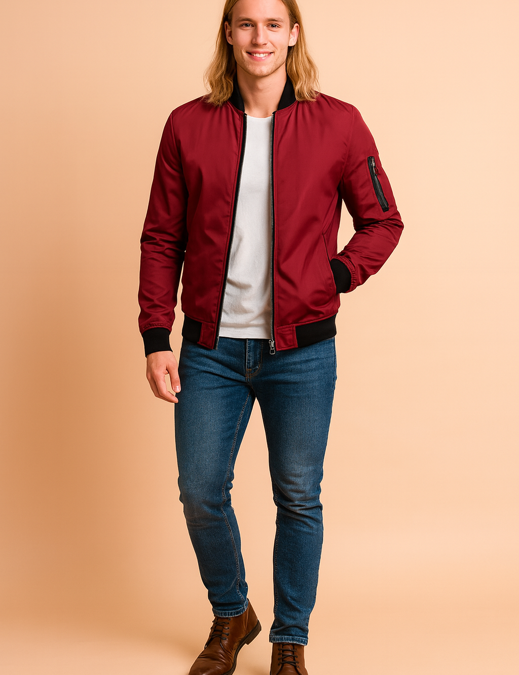 Męska kurtka bomber w kolorze bordowym, klasyczny krój slim fit z czarnymi ściągaczami i kieszenią na rękawie.