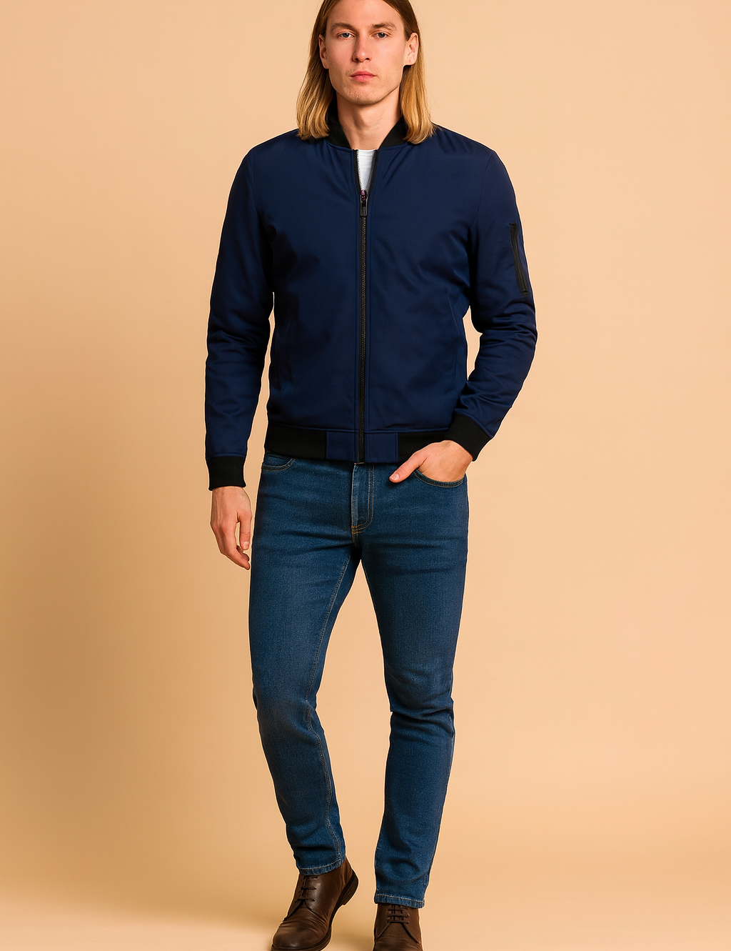 Męska kurtka bomber w kolorze granatowym, klasyczny krój slim fit z czarnymi ściągaczami i kieszenią na rękawie.