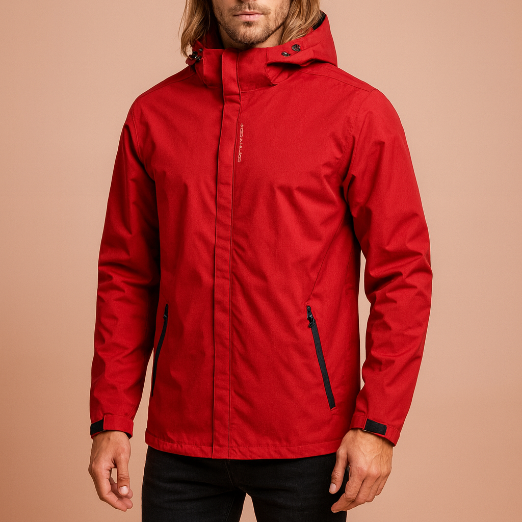czerwona męska kurtka przeciwdeszczowa z kapturem, zapinana na suwak z klapą, z bocznymi kieszeniami na zamek błyskawiczny