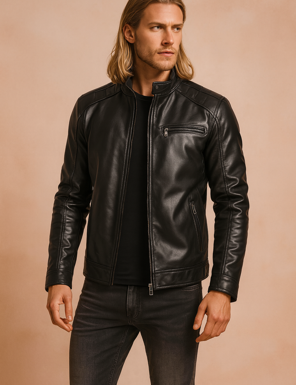 Męska czarna kurtka skórzana w stylu motocyklowym, wykonana z wysokiej jakości skóry, z zamkami błyskawicznymi i pikowanymi detalami na ramionach, elegancki krój slim fit.
