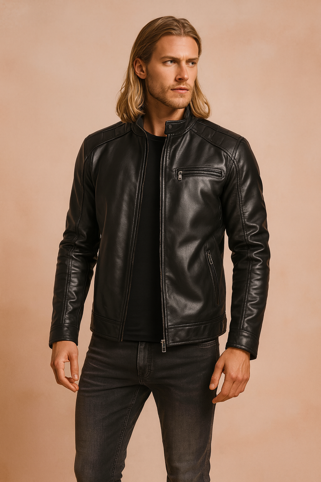 Męska czarna kurtka skórzana w stylu motocyklowym, wykonana z wysokiej jakości skóry, z zamkami błyskawicznymi i pikowanymi detalami na ramionach, elegancki krój slim fit.
