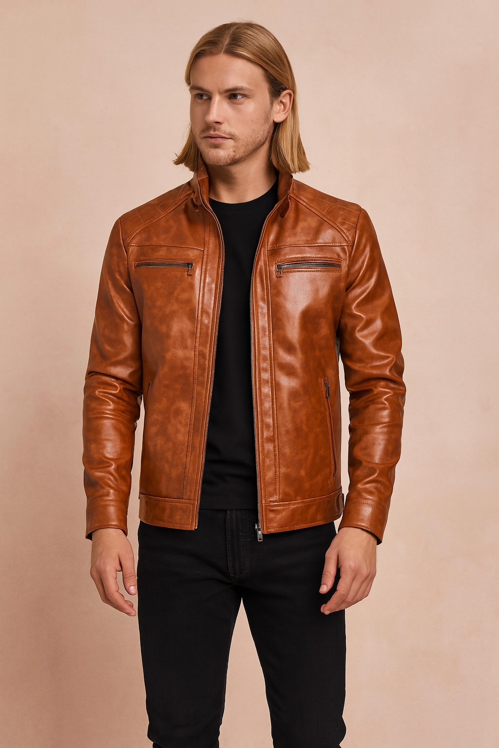 Męska kurtka skórzana w kolorze koniakowym, elegancki krój slim fit, wykonana z wysokiej jakości skóry ekologicznej, z ozdobnymi przeszyciami i zamkami błyskawicznymi.