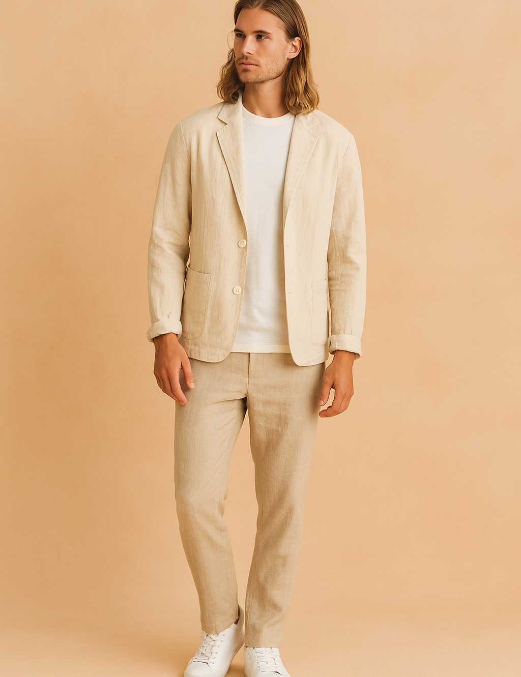 Męska marynarka lniana w kolorze beżowym, lekki krój casual slim fit, z dwoma guzikami i przednimi kieszeniami naszywanymi, idealna na letnie stylizacje."