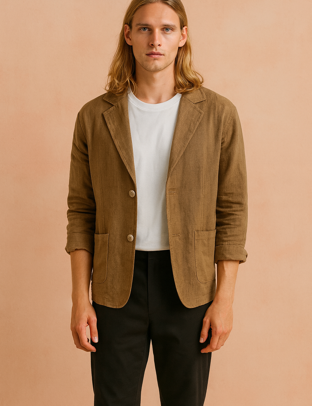 Męska marynarka lniana w kolorze brązowym, lekki krój casual slim fit, z dwoma guzikami i przednimi kieszeniami naszywanymi, idealna na codzienne stylizacje.