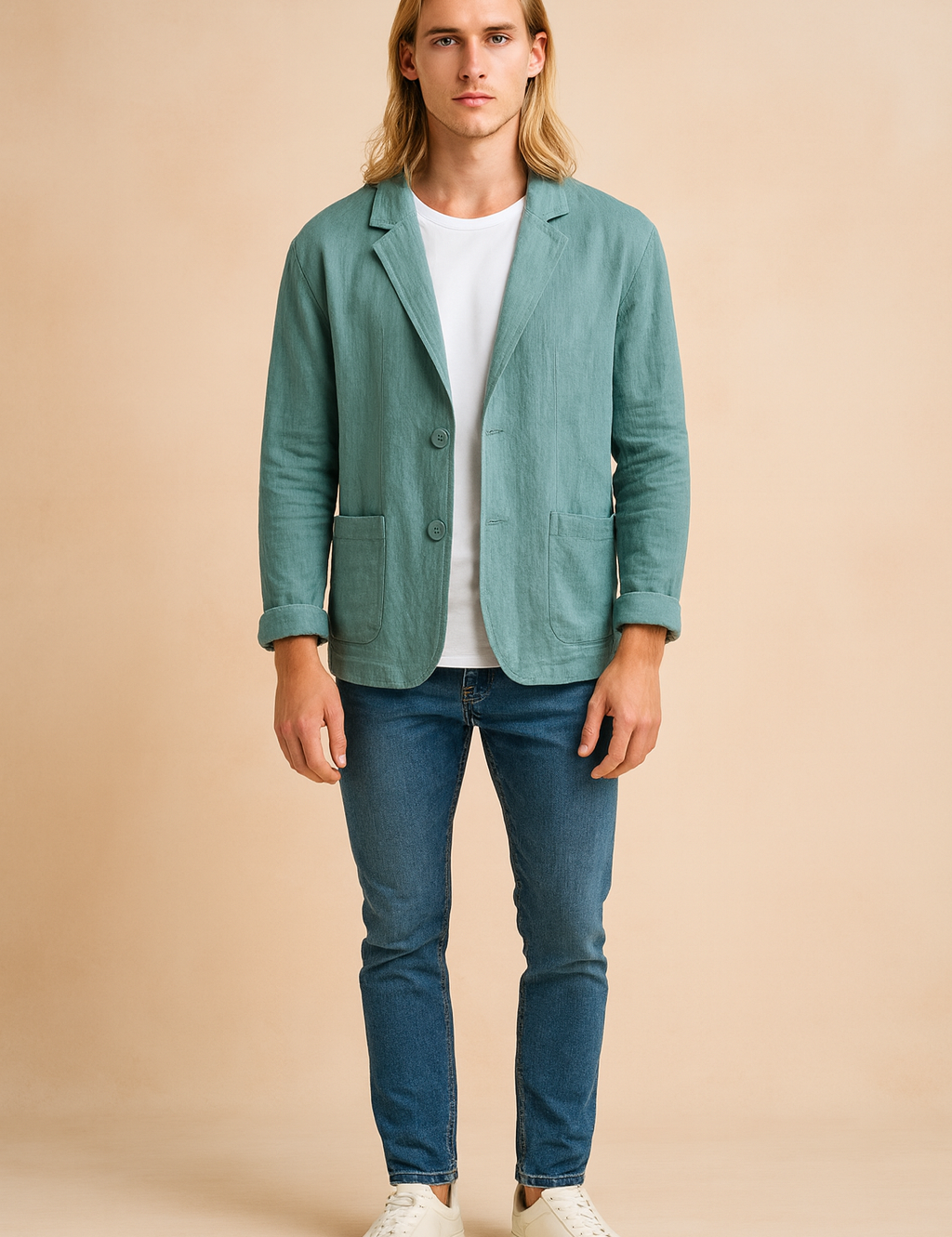 Męska marynarka lniana w kolorze morskim, lekki krój casual slim fit, z dwoma guzikami i przednimi kieszeniami naszywanymi, idealna na codzienne stylizacje.