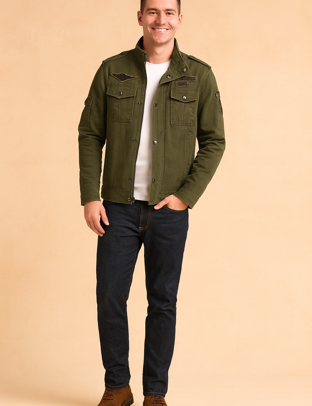 Men's military-style olive green jacket with buttoned chest pockets, shoulder epaulets, and patch details, styled with dark jeans and brown boots.