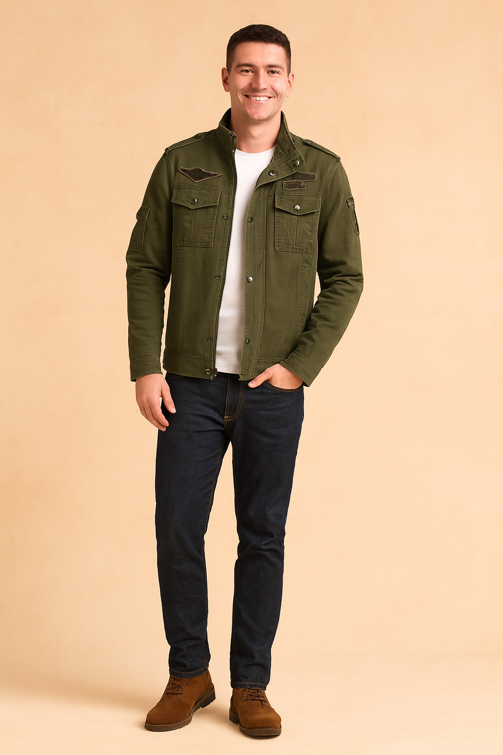 Men's military-style olive green jacket with buttoned chest pockets, shoulder epaulets, and patch details, styled with dark jeans and brown boots.