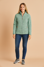 Mint green fleece jacket with subtle leaf pattern, zip-up front, and side zip pockets for a modern casual look.