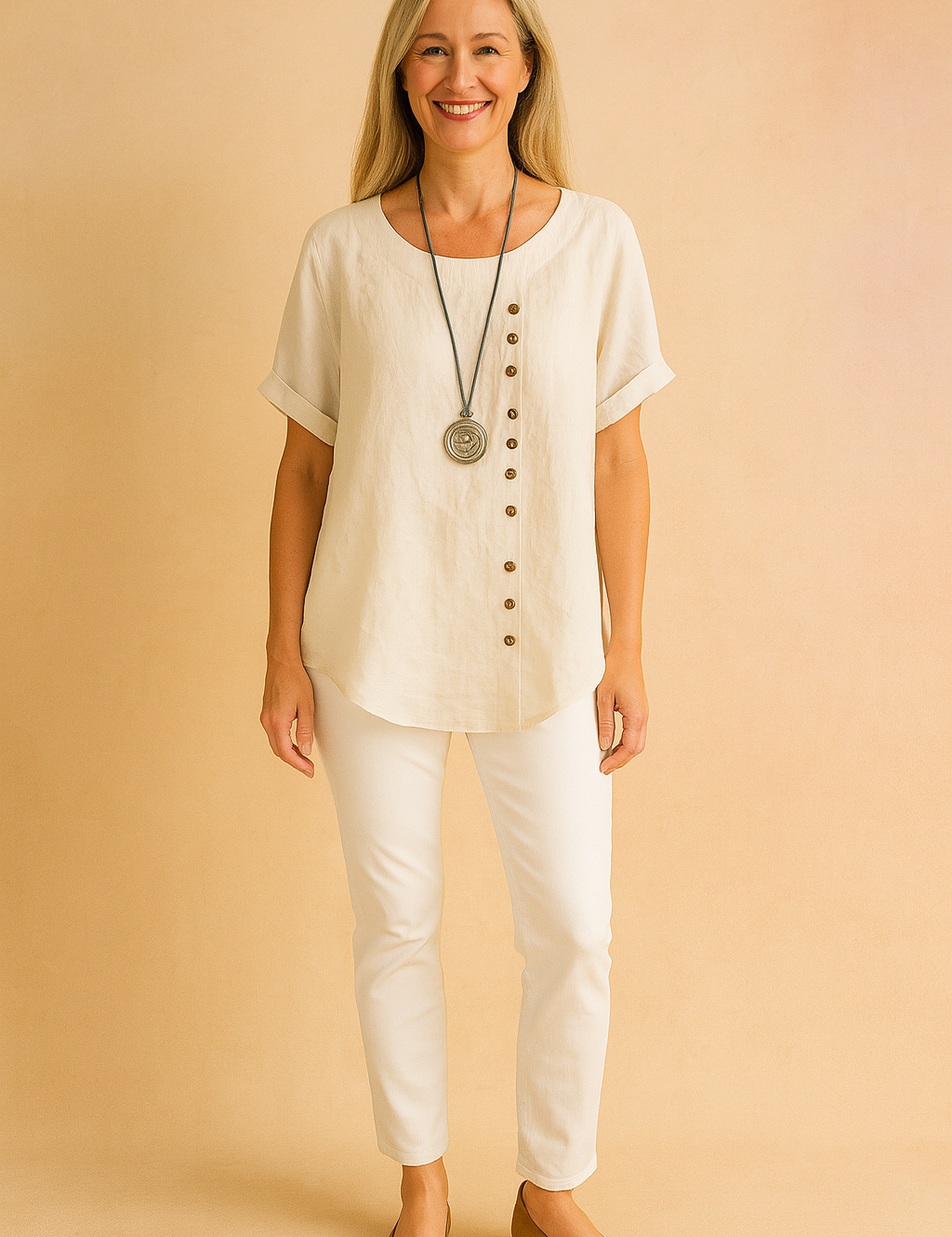 Off-white linen short-sleeve blouse with asymmetrical side button detailing and round neckline, paired with slim white pants and tan flats.