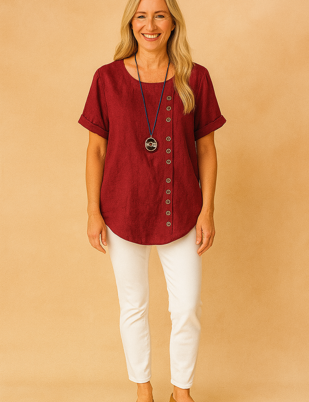 Burgundy linen short-sleeve blouse with curved hem and side button design, paired with crisp white fitted pants and tan suede flats.
