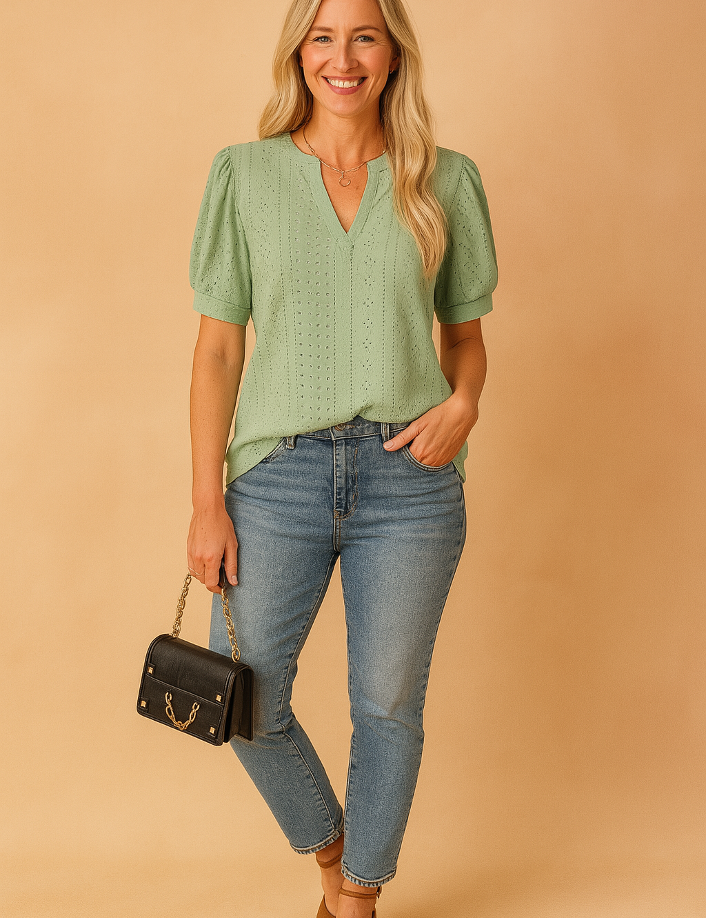 Light green embroidered puff-sleeve blouse with V-notch neckline and front seam detail, paired with mid-rise fitted blue jeans and brown espadrille wedges.