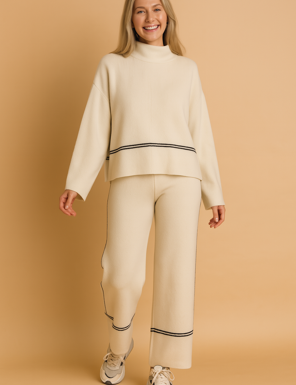 Two-piece beige knit lounge set featuring a relaxed mock-neck sweater with wide sleeves and coordinating wide-leg pants, both detailed with slim black piping lines.