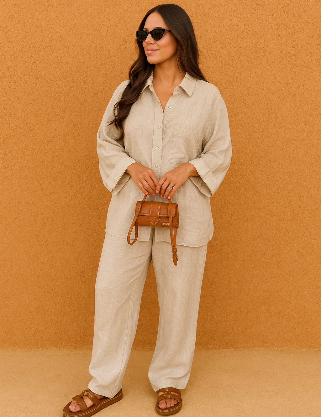 Relaxed-fit beige linen button-down shirt paired with matching wide-leg linen pants, styled with brown leather double-strap sandals and a small structured tan crossbody bag.