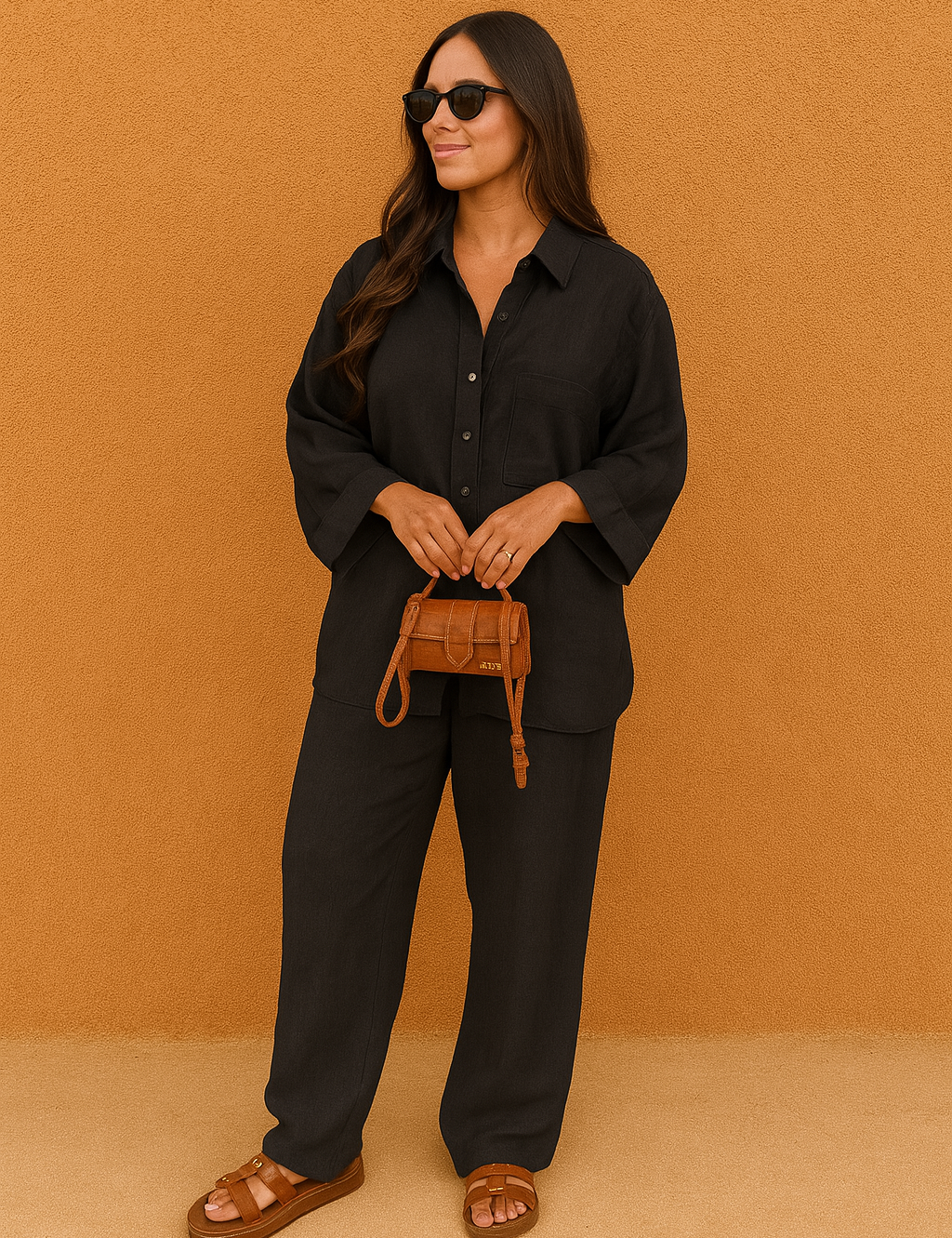 Relaxed-fit black linen button-down shirt with front chest pocket, paired with matching wide-leg black linen trousers, styled with brown leather sandals and a structured tan crossbody bag.