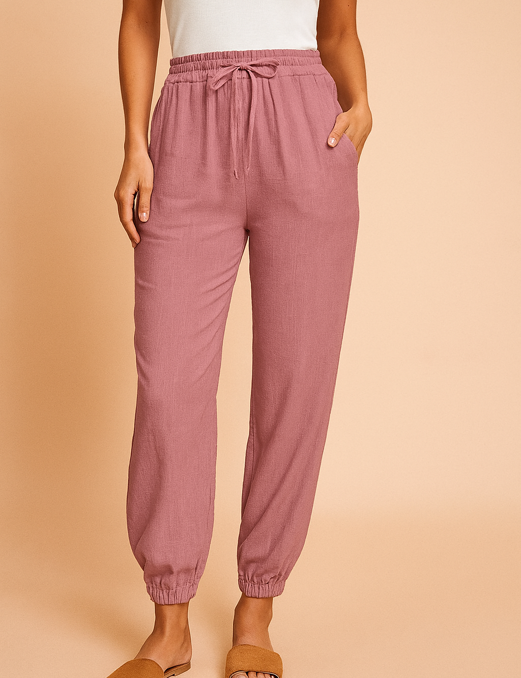 High-waisted mauve jogger pants with adjustable drawstring, subtle vertical texture, elastic ankle cuffs, and functional side pockets, styled for a relaxed casual look.