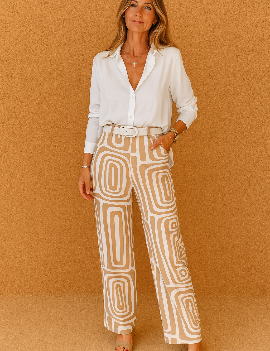White button-down blouse tucked into high-waisted beige and white geometric print wide-leg pants, accessorized with a white belt, layered jewelry, and beige open-toe sandals.