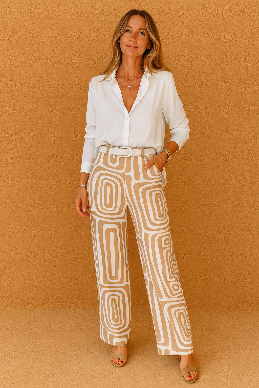 White button-down blouse tucked into high-waisted beige and white geometric print wide-leg pants, accessorized with a white belt, layered jewelry, and beige open-toe sandals.