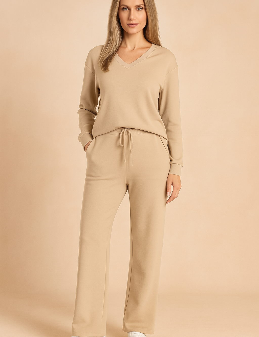 khaki loungewear set with V-neck long sleeve top and drawstring wide-leg pants in soft knit fabric, styled with white sneakers.