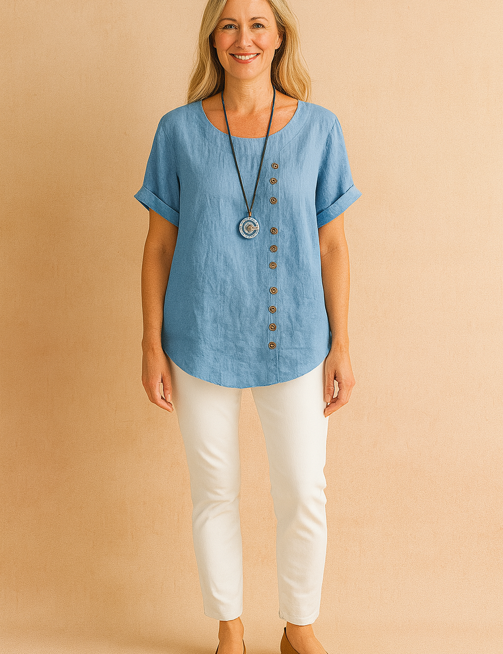 Light blue linen short-sleeve blouse with asymmetrical wooden-style button detailing and curved hem, paired with fitted white pants and tan ballet flats.