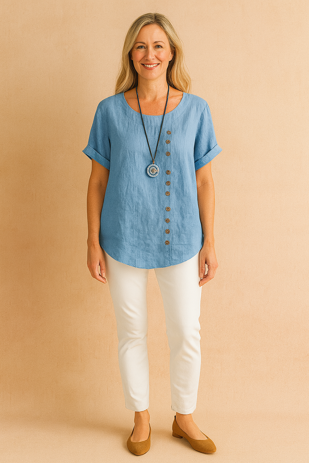 Light blue linen short-sleeve blouse with asymmetrical wooden-style button detailing and curved hem, paired with fitted white pants and tan ballet flats.